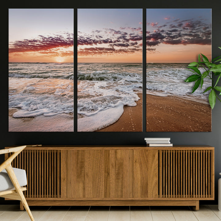 Ocean Sunset Wall Art Canvas Print, Framed Sandy Shore Art Picture Print, Gentle Waves Perfect Minimalist Coastal Decor, Ocean Waves Wall Art Print