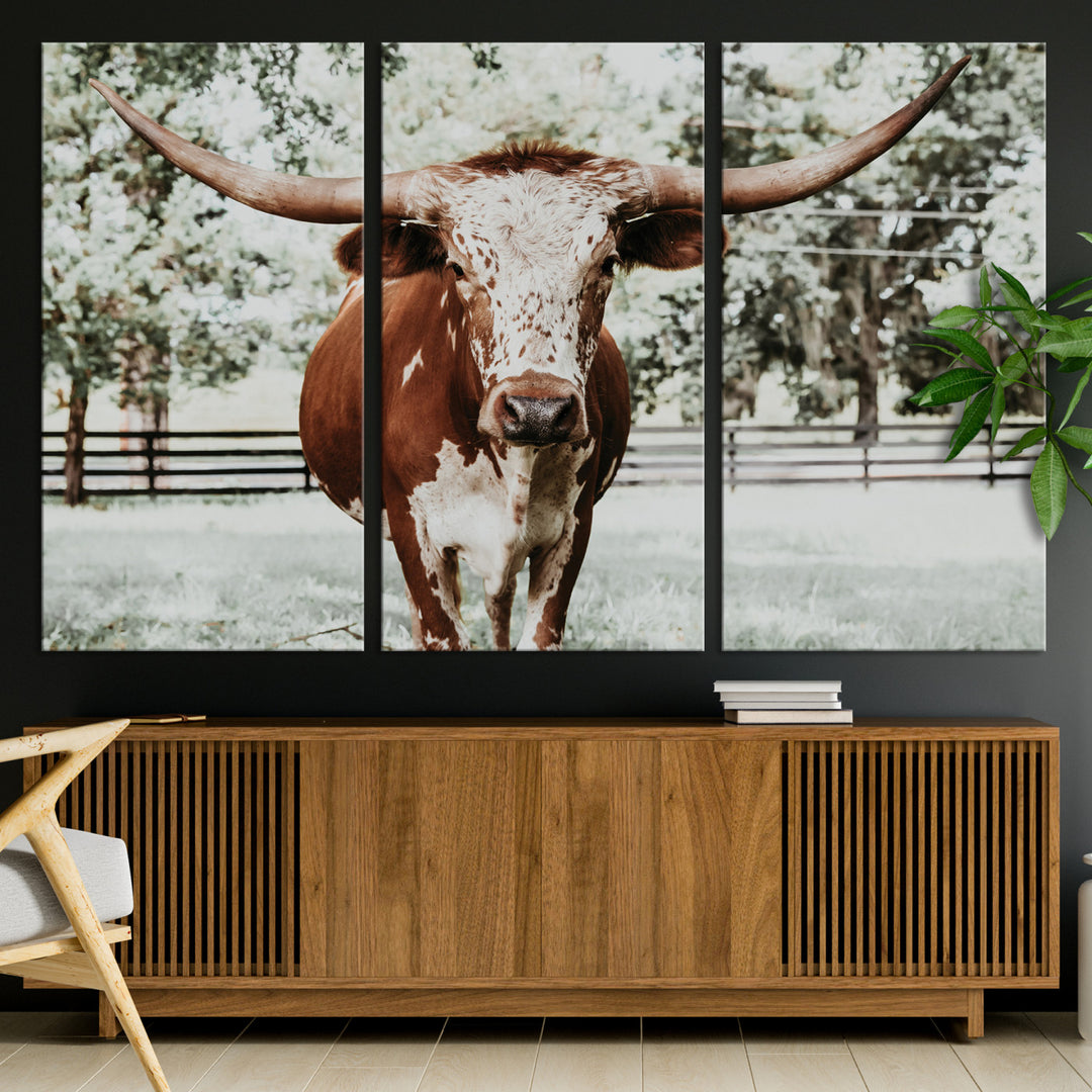 Texas Longhorn Wall Art Canvas Print, Framed Spotted Cow Art Picture Print, Horned Cattle Perfect Rustic Western Decor, Framed Horned Cattle Print