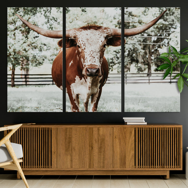 Texas Longhorn Wall Art Canvas Print, Framed Spotted Cow Art Picture Print, Horned Cattle Perfect Rustic Western Decor, Framed Horned Cattle Print