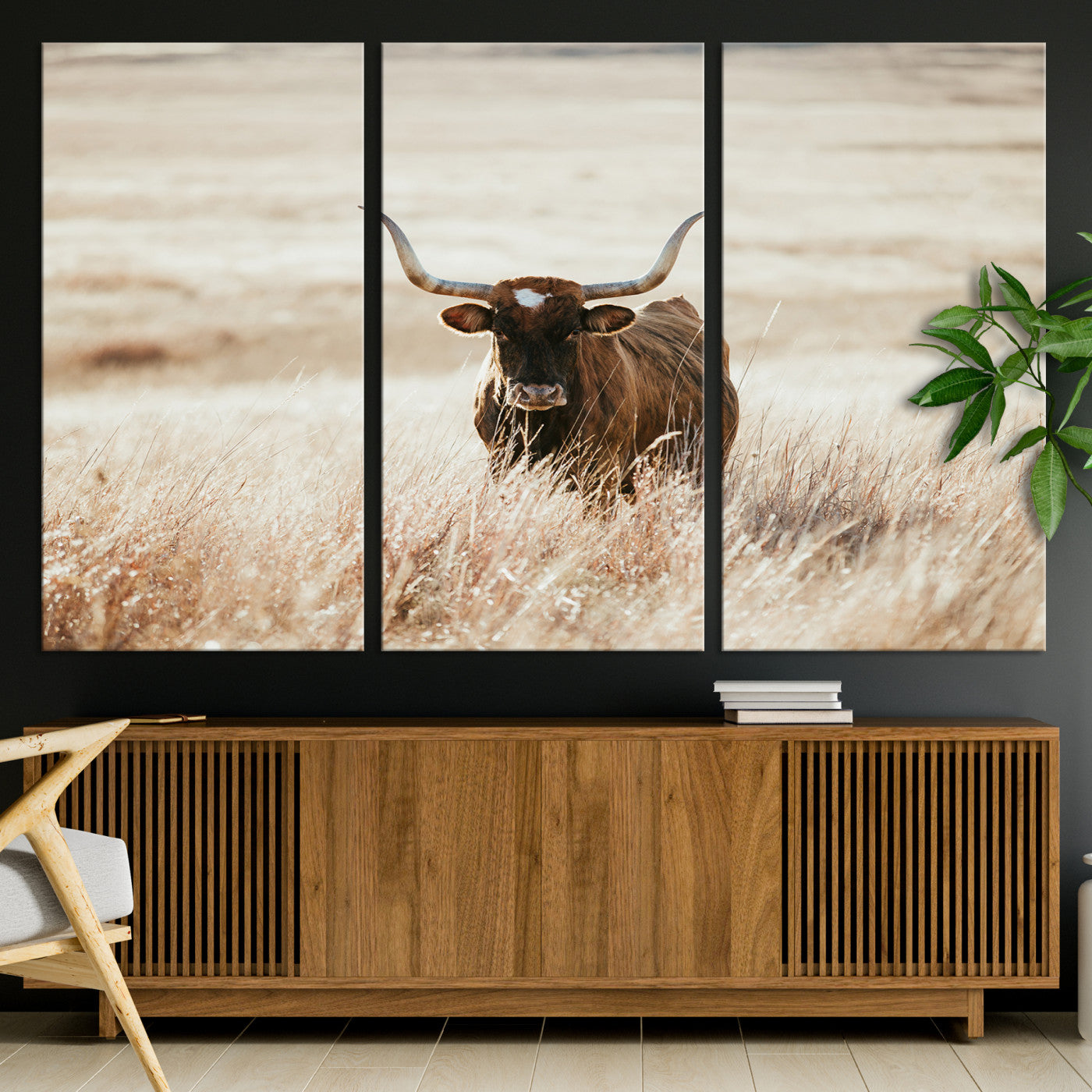 Texas Longhorn Wall Art Canvas Print, Framed Brown Cattle Art Picture Print, Horned Bull Perfect Rustic Western Decor Artwork