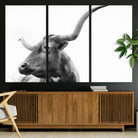64392617-MGV-CV-36X24-Longhorn Wall Art Wall Art Canvas Print, Framed Modern Ranch Style Art Art Picture Print, Monochrome Cow Print Perfect Rustic Western Decor