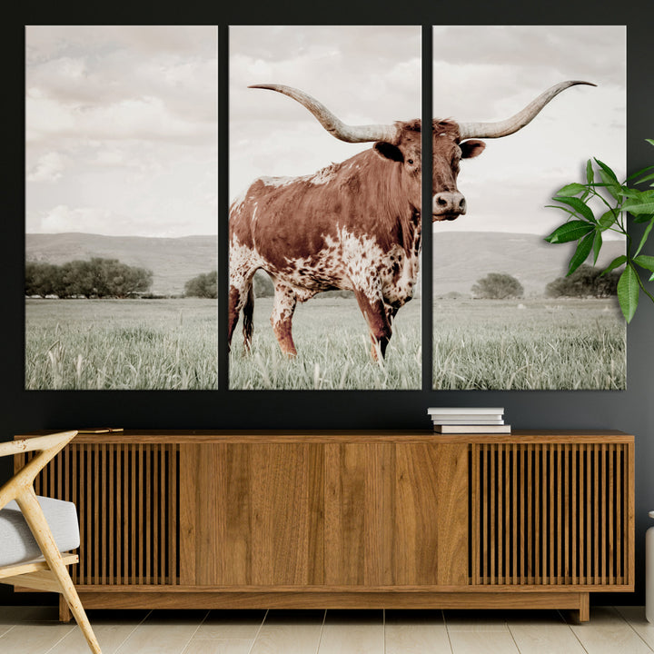 Texas Longhorn Wall Art Canvas Print, Framed Spotted Cattle Art Picture Print, Horned Bull Perfect Rustic Western Decor Artwork