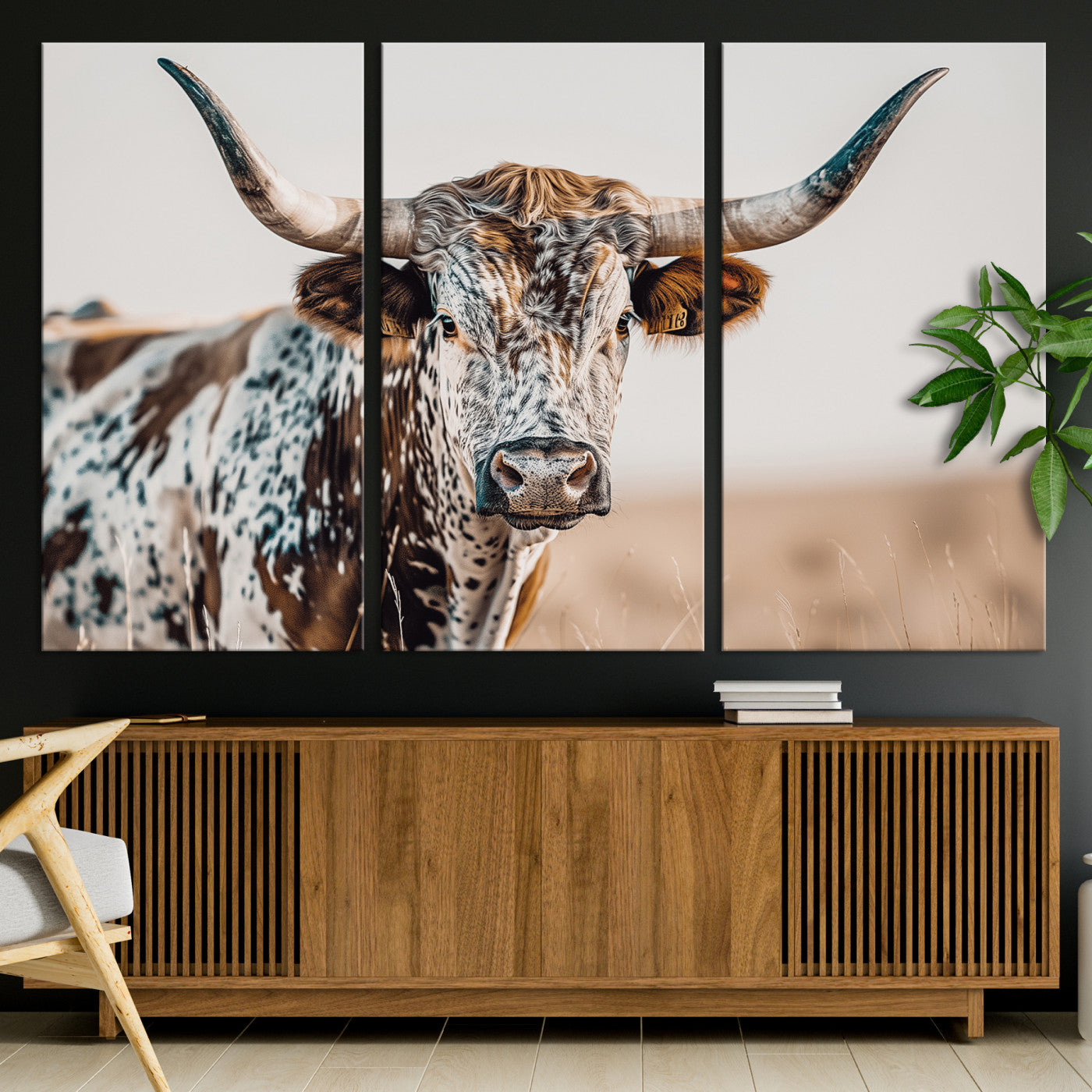 Canvas of a speckled Texas longhorn with wide curved horns and warm tones, perfect for rustic or country-style wall decor.