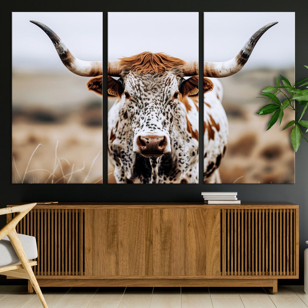 Texas Longhorn Wall Art Canvas Print, Framed Spotted Cow Art Picture Print, Horned Cattle Perfect Rustic Western Decor Artwork