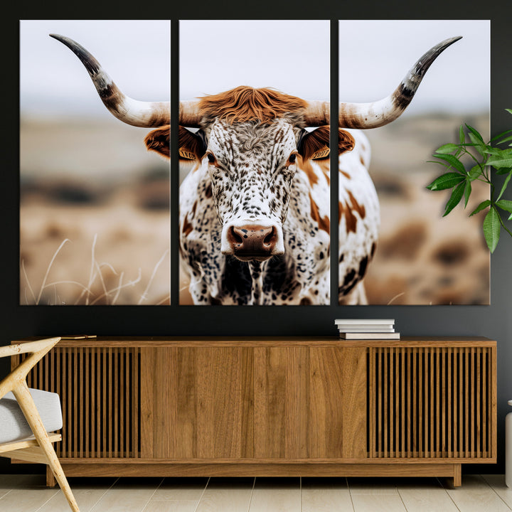 Texas Longhorn Wall Art Canvas Print, Framed Spotted Cow Art Picture Print, Horned Cattle Perfect Rustic Western Decor Artwork