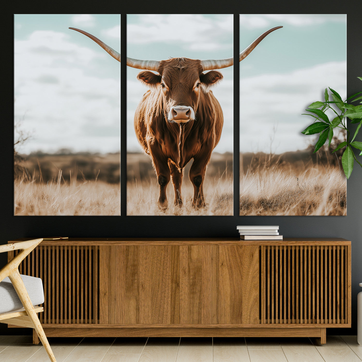 Texas Longhorn standing in a golden prairie under soft skies, ideal for rustic or western-style decor with warm natural tones.