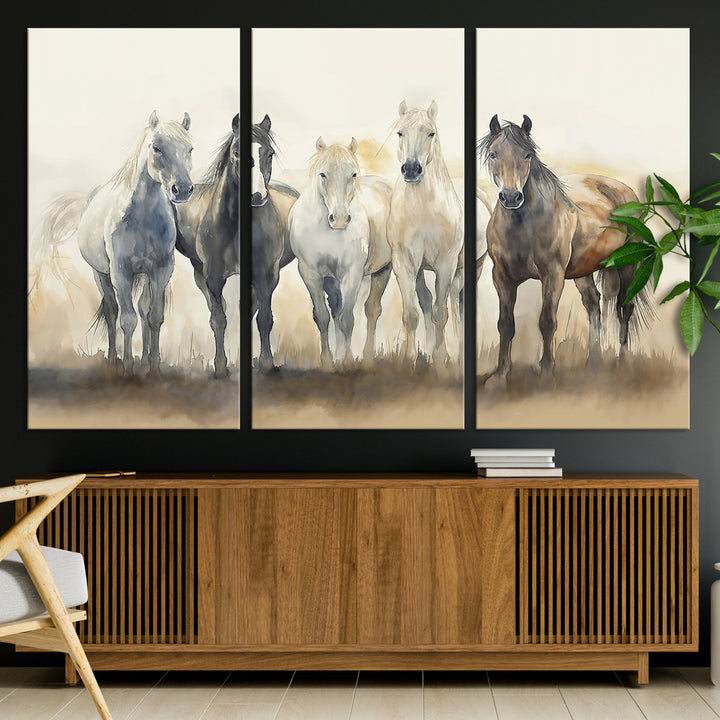 Wild Horses Wall Art Canvas Print, Framed Running Horses Art Picture Print, Watercolor Horses Perfect Rustic Western Decor