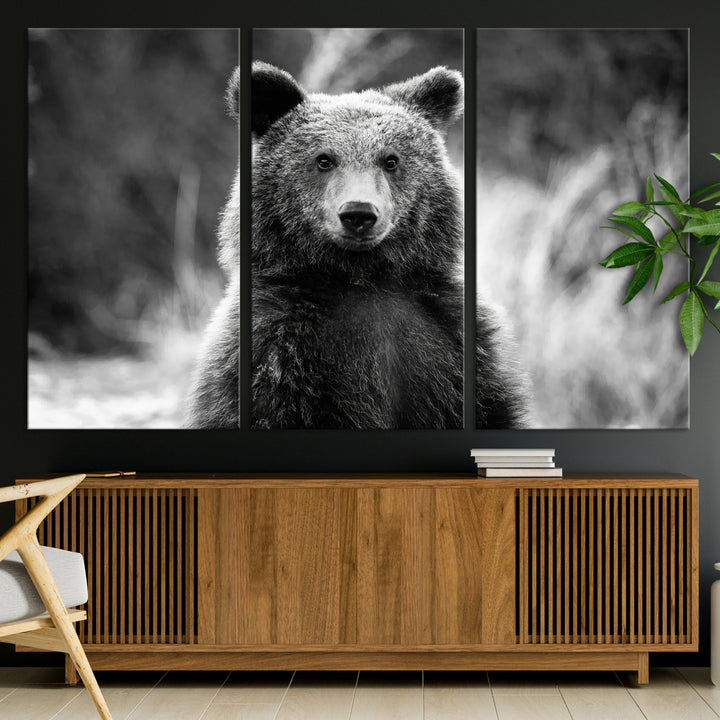 Grizzly Bear Wall Art Canvas Print, Framed Black White Bear Art Picture Print, Wild Bear Perfect Rustic Wildlife Decor