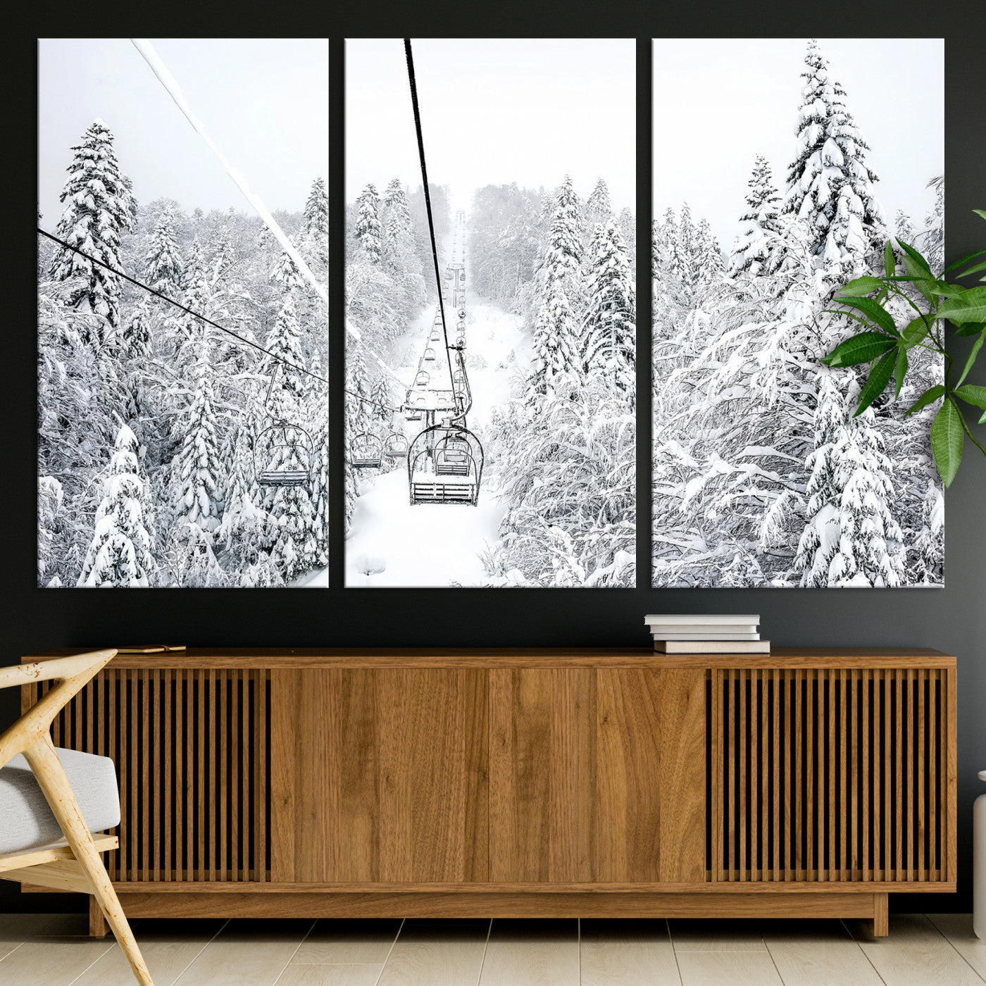 60296839-MGV-CV-36X24-Snowy Mountains Wall Art Canvas Print, Framed Ski Lift Art Picture Print, Winter Forest Perfect Winter Minimalist Decor, Ski Lift Canvas