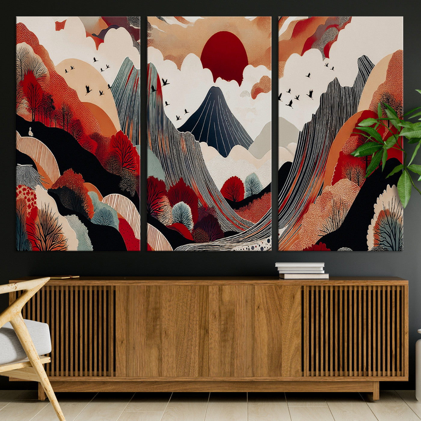 Abstract Mountain Wall Art Canvas Print, Framed Vibrant Landscape Art Picture Print, Stylized Nature Drawing Perfect Contemporary Minimalist