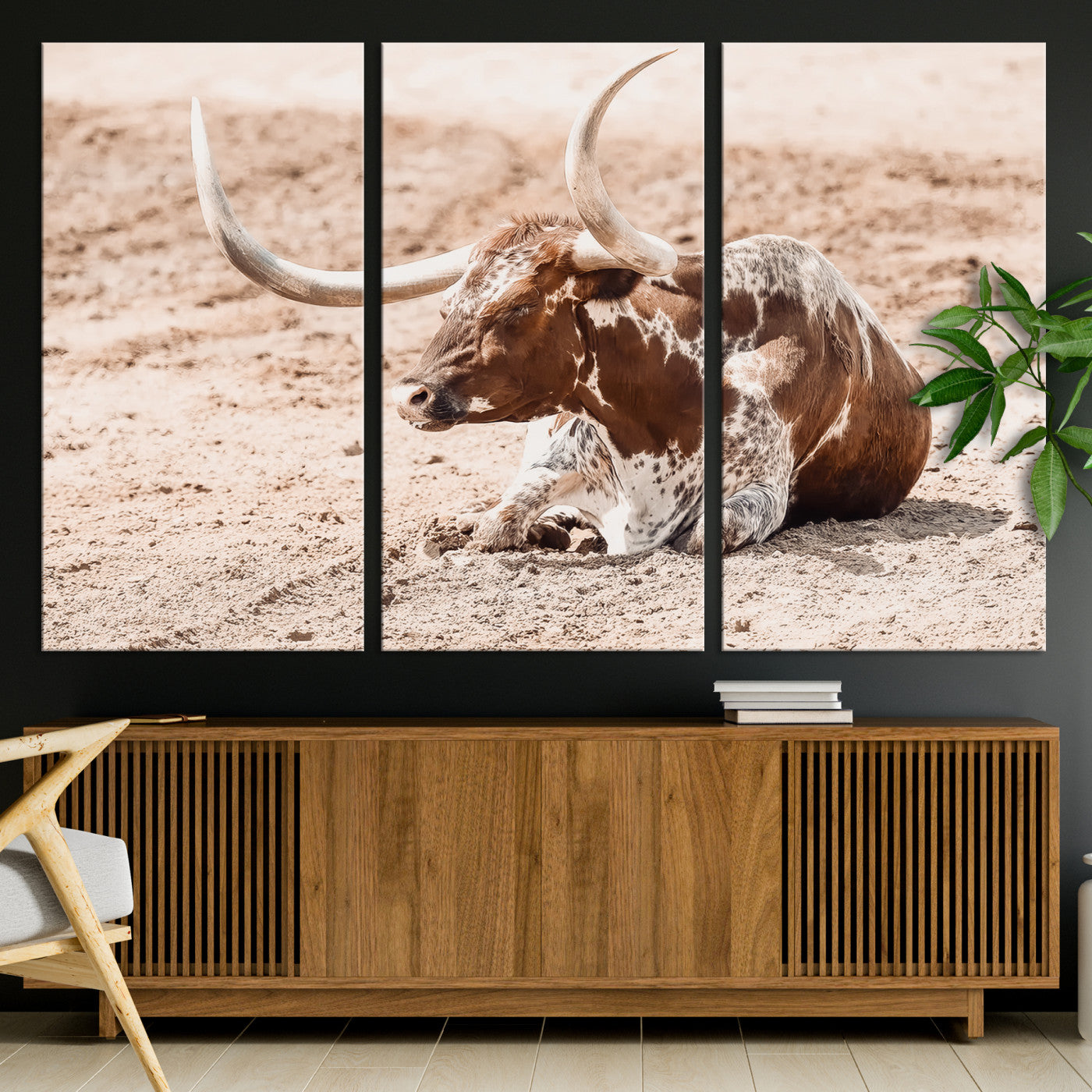 Texas Longhorn Wall Art Canvas Print, Framed Resting Bull Art Picture Print, Spotted Cattle Perfect Rustic Western Decor, Spotted Cattle