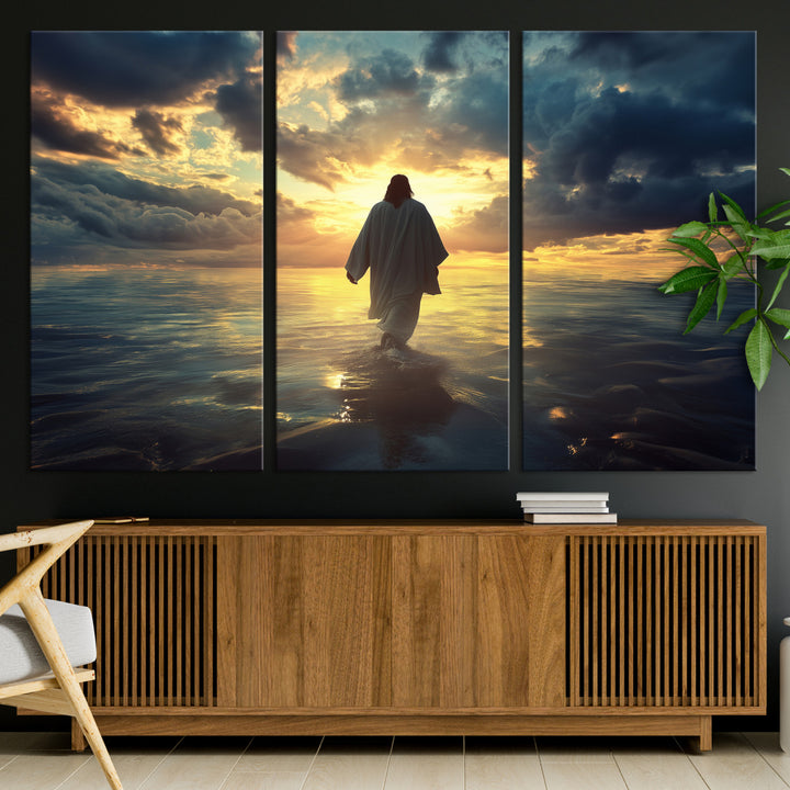 Jesus Walks Wall Art Canvas Print, Framed Divine Sunset Art Picture Print, Spiritual Light Perfect Spiritual Tranquil Decor Artwork