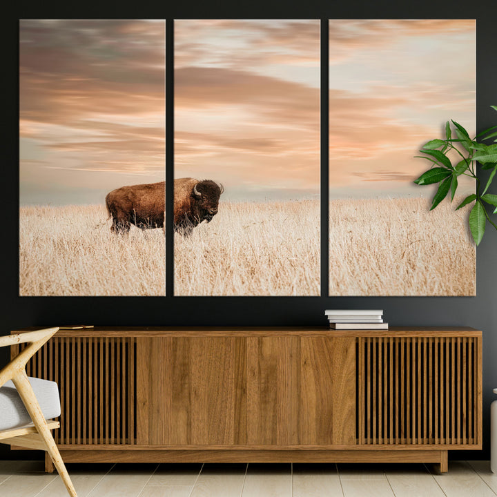 Bison Wall Art Canvas Print, Buffalo Print, Framed Western Prairie Art Print, Large Rustic Wildlife Printing Perfect for Rustic Decor