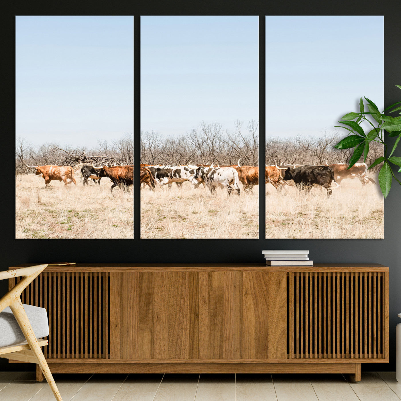 16563092-MGV-CV-36X24-Texas Longhorns Wall Art Canvas Print, Western Cattles Print Wall Art, Framed Rustic Herd Art Print, Large Country Cows Printing Rustic