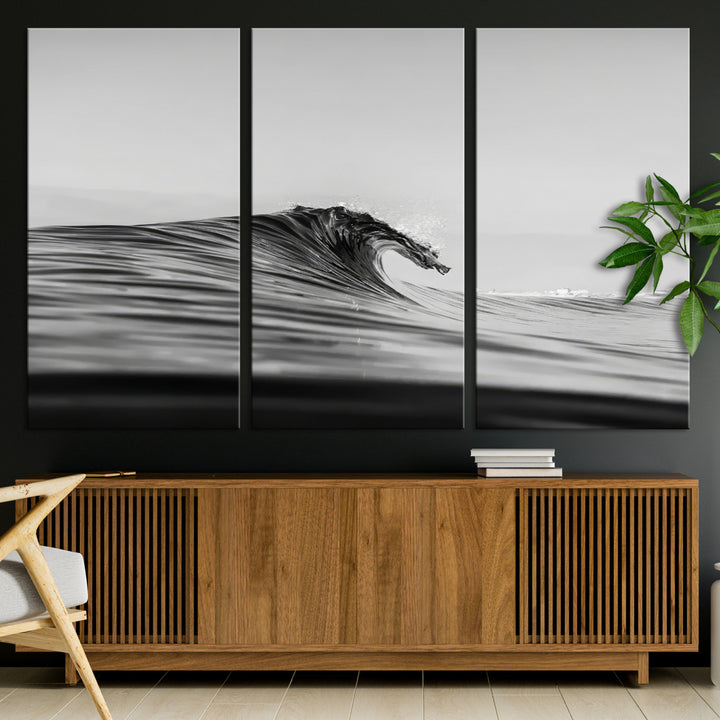 Black Wave Wall Art Canvas Print, Abstract Surf Print, Framed Minimalist Ocean Art Print, Large Black Water Printing Minimalist