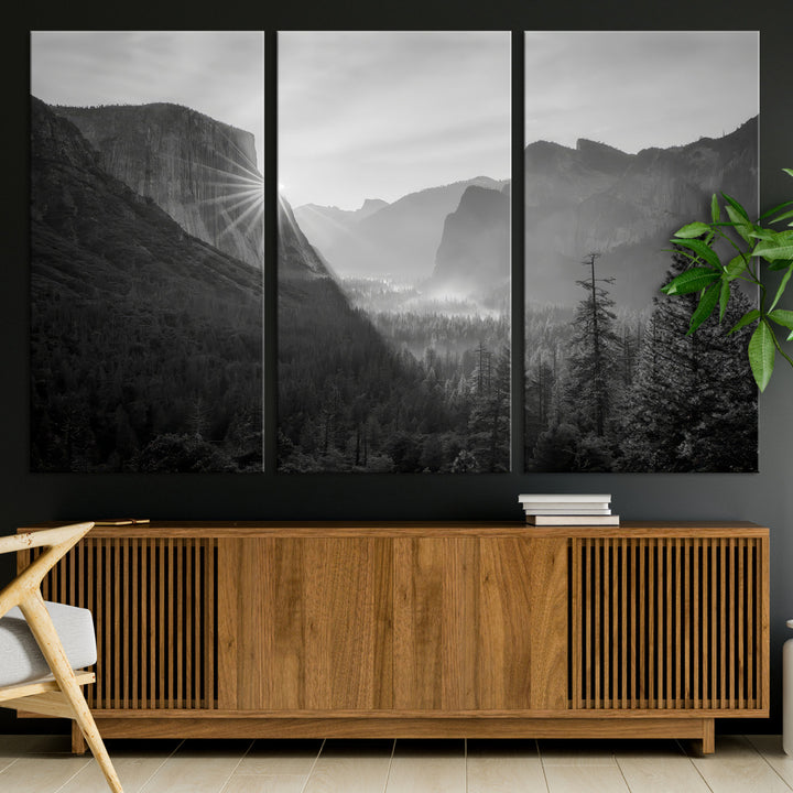 Yosemite Valley Wall Art Canvas Print, El Capitan Sunrise Print, Framed Misty Mountain Art Print, Large Monochrome Valley Printing