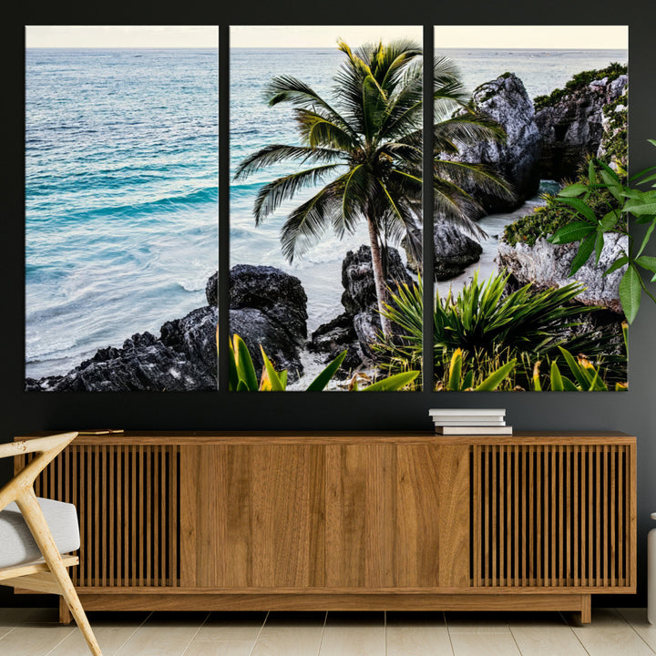 Framed canvas of a vibrant tropical coastline with palm trees, rocky cliffs, and turquoise waters, ideal for tropical coastal home decor.