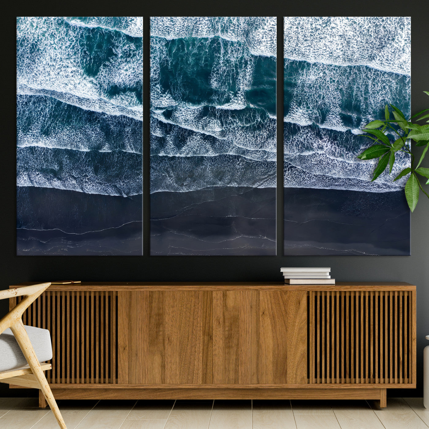 87941475-MGV-CV-36X24-Black Beach Wall Art Canvas Print, Framed Aerial Ocean Art Picture Print, Moody Coastal Perfect Coastal Decor, Aerial Ocean Wall Art Canvas