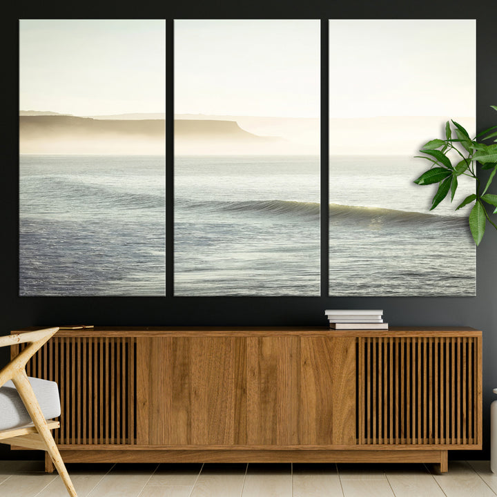 Canvas of a misty ocean scene with coastal cliffs and soft neutral tones, ideal for Scandinavian coastal or minimalist nature-inspired home decor.