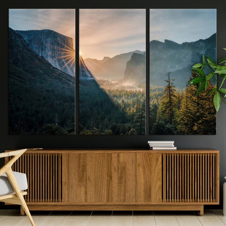 Canvas of Yosemite Valley at sunrise with dramatic rays and earthy tones, perfect for vintage explorer or wilderness-themed home decor.