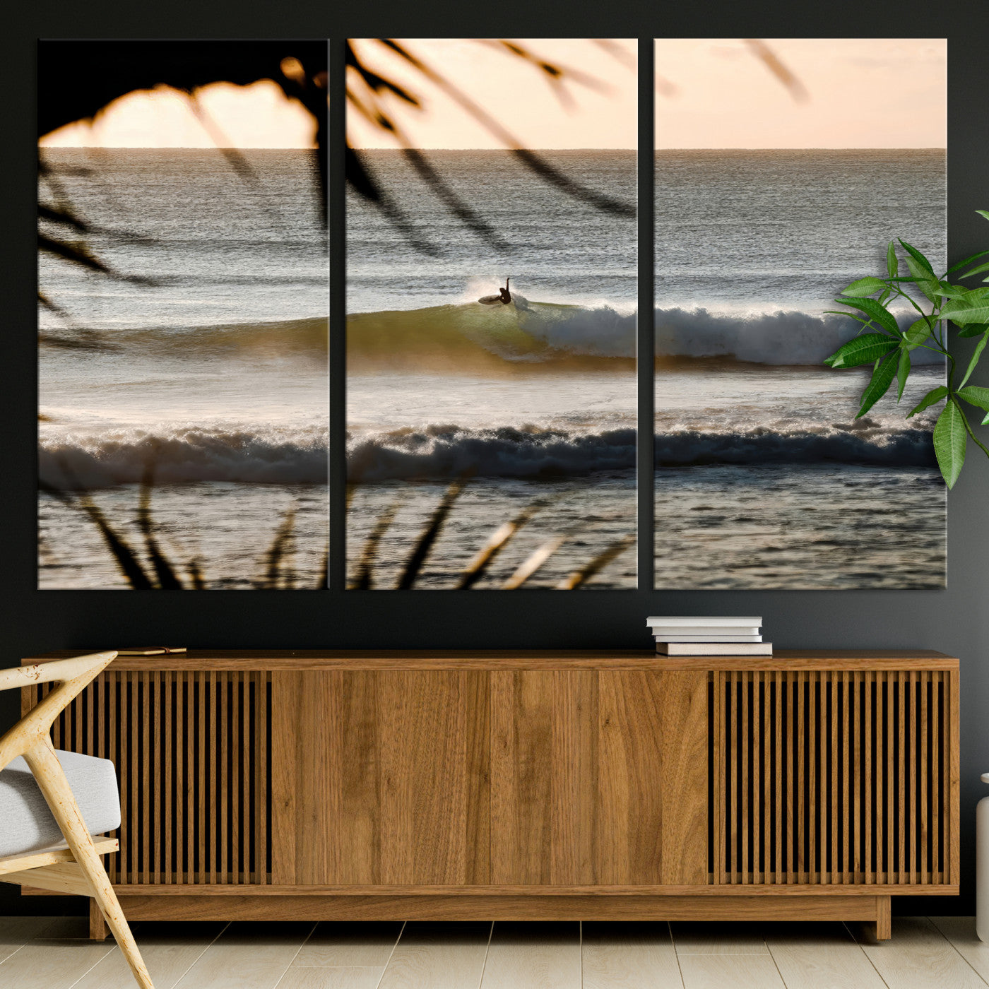 24896468-MGV-CV-36X24-Sunset Surf Wall Art Canvas Print, Framed Golden Hour Art Picture Print, Waves Perfect Boho Decor, Framed Sunset Surf Canvas