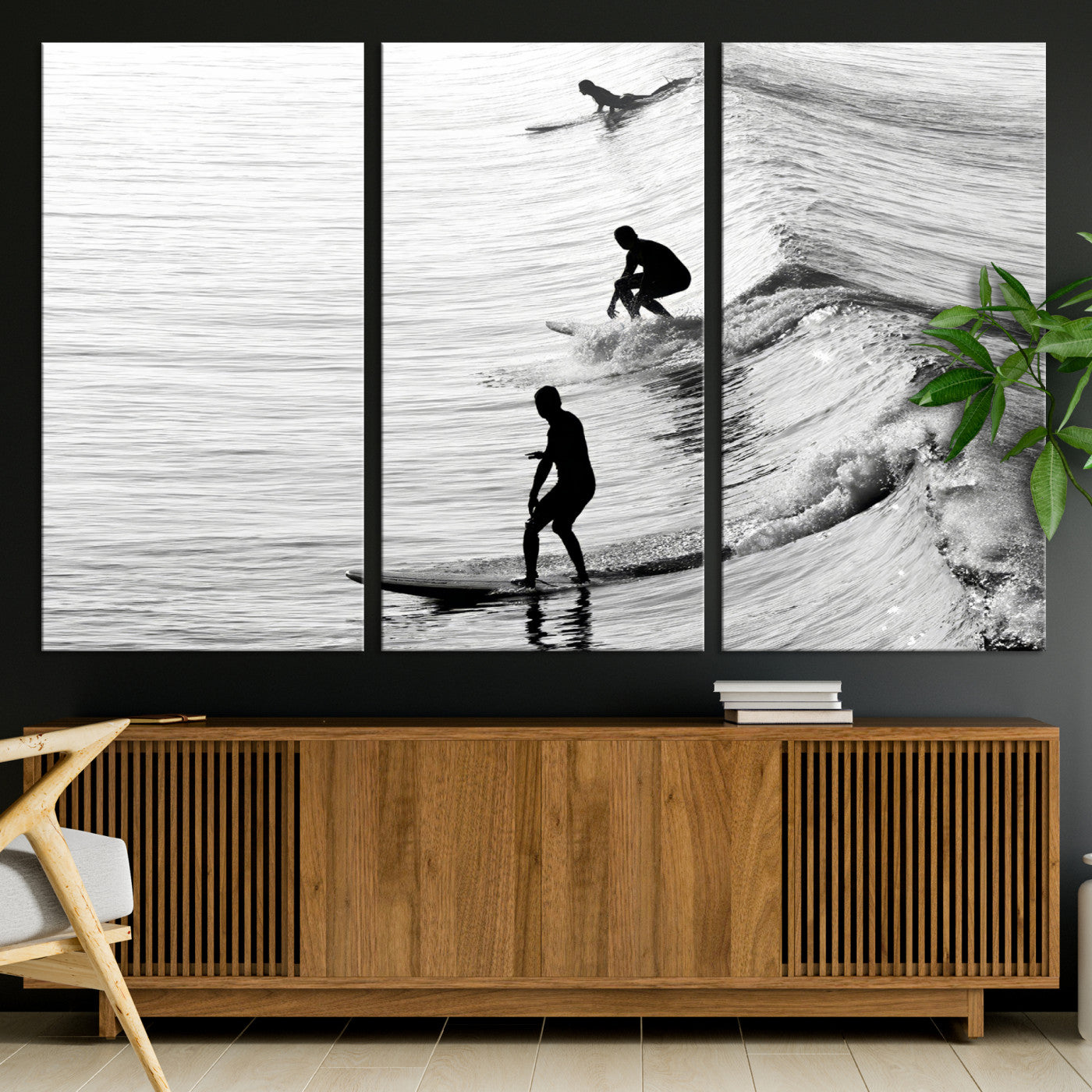 19875284-MGV-CV-36X24-Surfers on Waves Wall Art Canvas Print, Framed Black White Surf Art Picture Print, Monochrome Ocean Perfect Modern Coastal Decor, Surfers on