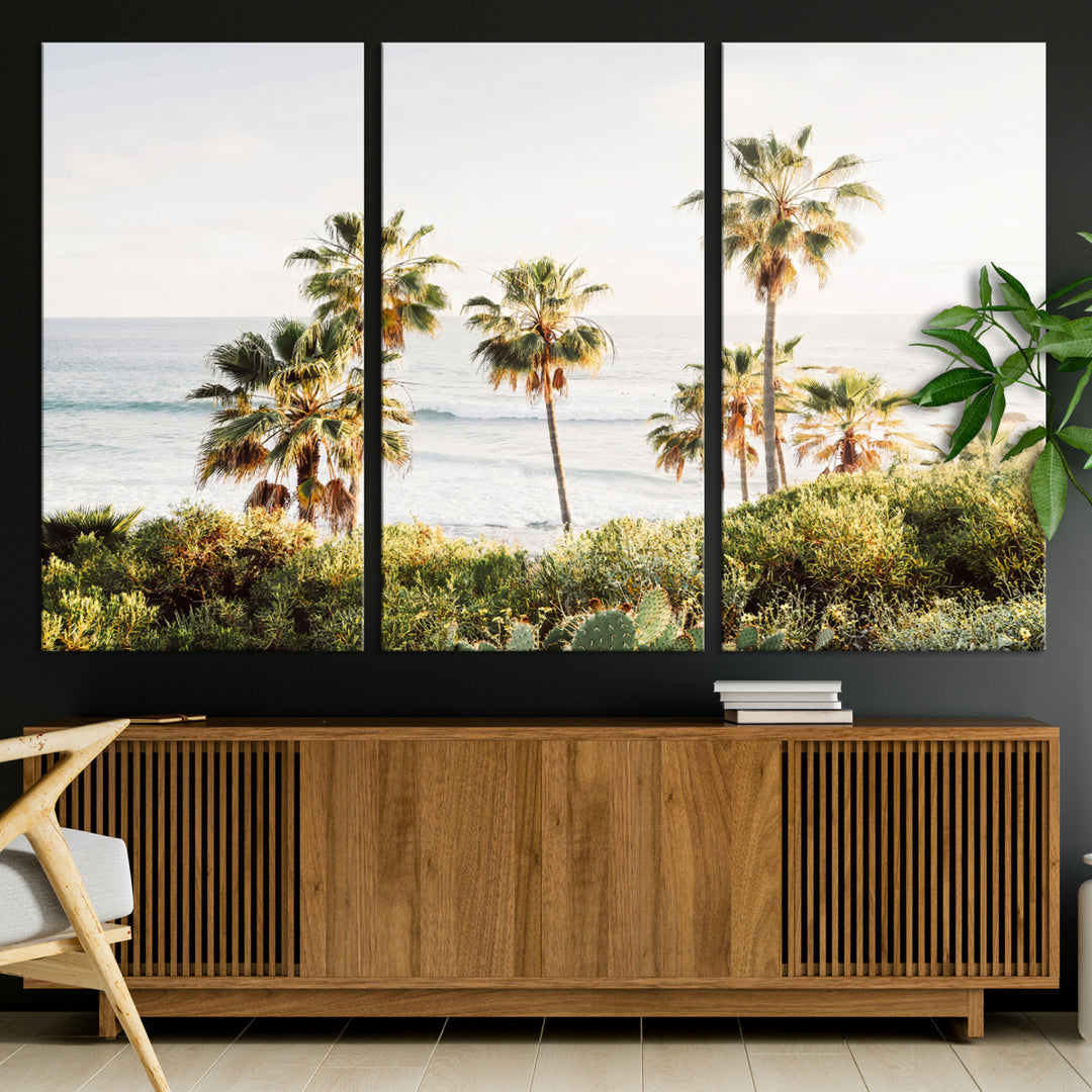 Framed print of sunlit palm trees on the California coast with warm tones, perfect for coastal minimalist or beach-style home decor.