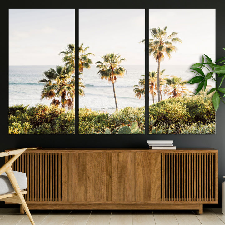 Framed print of sunlit palm trees on the California coast with warm tones, perfect for coastal minimalist or beach-style home decor.