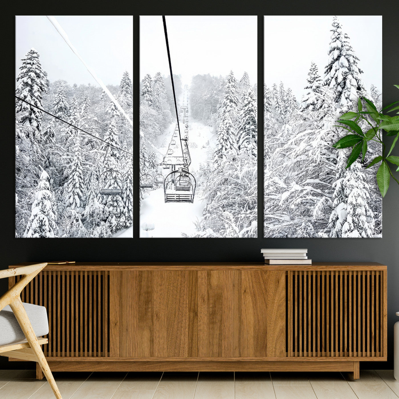 44705668-MGV-CV-36X24-Winter Forest Wall Art Canvas Print, Framed Snowy Forest Art Picture Print, Winter Ski Lift Perfect Scandinavian Minimalist 3/3 Decor