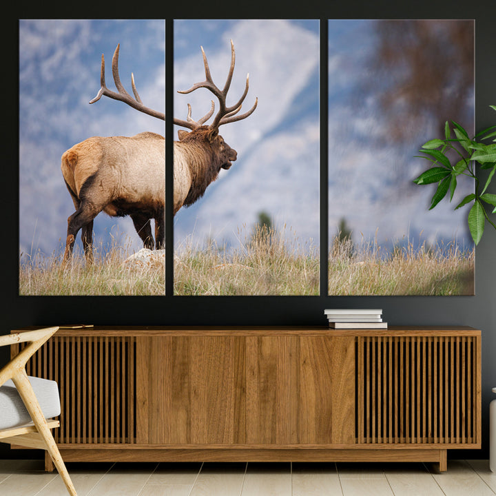 Rustic Elk Wall Art Canvas Print, Wildlife Antler Print, Framed Western Hunting Lodge Art Print