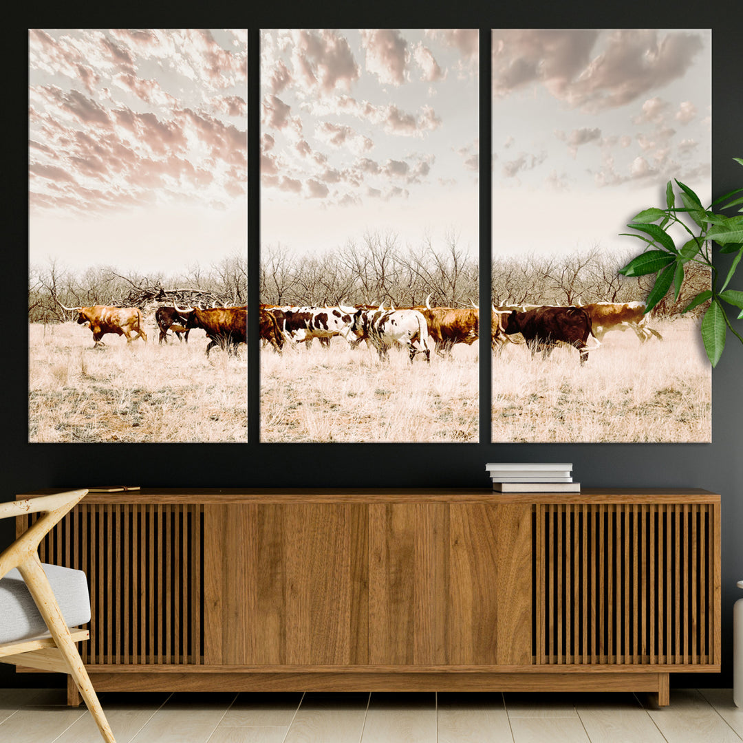 Longhorn Cattle Wall Art Canvas Print, Texas Ranch Print, Framed Western Cow Art Print, Large Prairie Landscape Printing Perfect for Western Decor