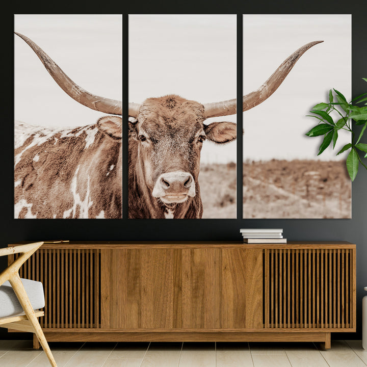 Longhorn Bull Photo Wall Art Canvas Print, Framed Rustic Cow Art Picture Print, Neutral Farmhouse Perfect Rustic Neutral Farmhouse Decor