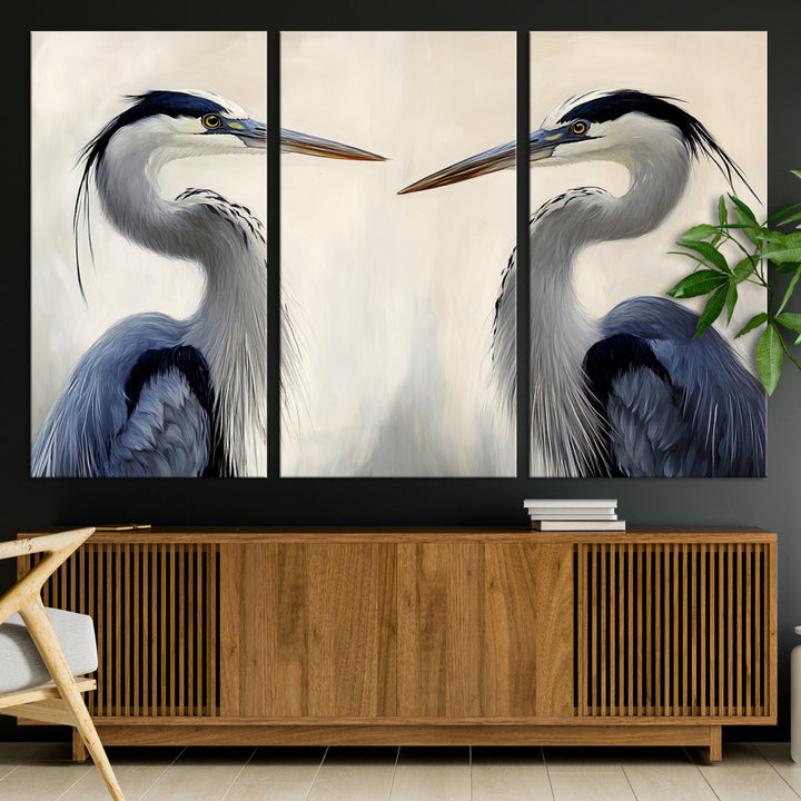 Blue Heron Pair Wall Art Canvas Print, Coastal Bird Theme Print, Framed Tranquil Wildlife Scene Art Print, Large Nature Inspired Decor Printing
