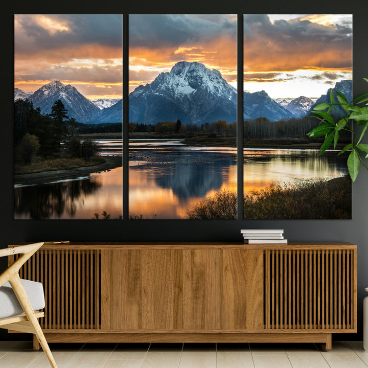 Mountain Sunset Wall Art Canvas Print, Framed Alpine Wilderness Art Picture Print, Golden Hour Perfect Wilderness Decor Artwork