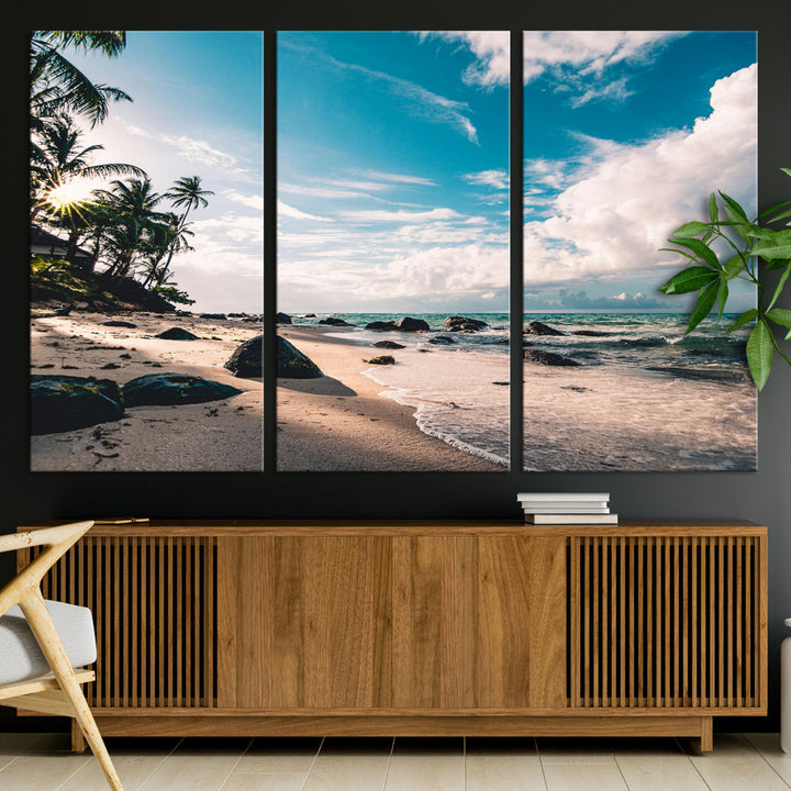 Tropical Beach Wall Art Canvas Print, Framed Ocean Waves Art Picture Print, Relaxing Seascape Perfect Tropical Coastal Decor Artwork