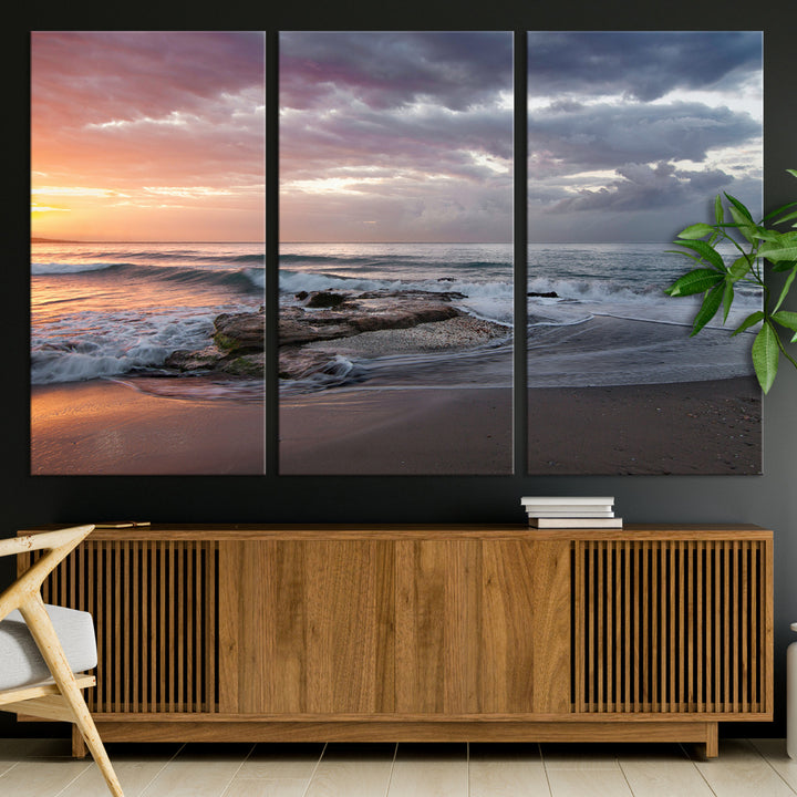 Golden Hour Wall Art Canvas Print, Framed Tranquil Waves Art Picture Print, Beach Perfect Coastal Serenity Decor Artwork