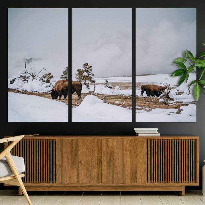 Bison Wildlife Wall Art Canvas Print, Framed Snowy Prairie Art Picture Print, Western Perfect Rustic Decor Artwork