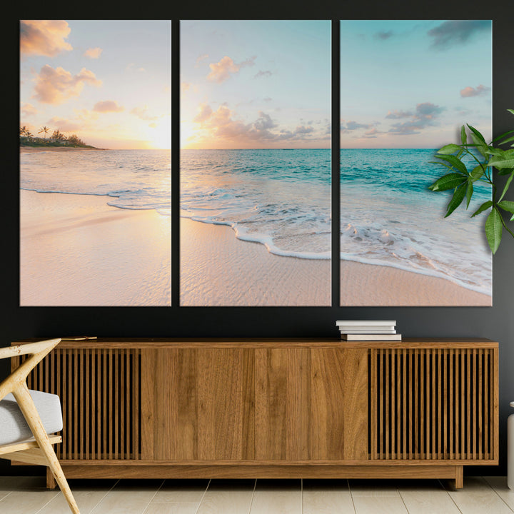 Beach Sunset Wall Art Canvas Print, Framed Ocean Waves Art Picture Print, Summer Escape Perfect Coastal Decor Artwork