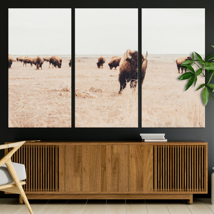 Bison Herd Wall Art Canvas Print, Framed Western Art Picture Print, Prairie Serenity Perfect Ranch Decor Artwork