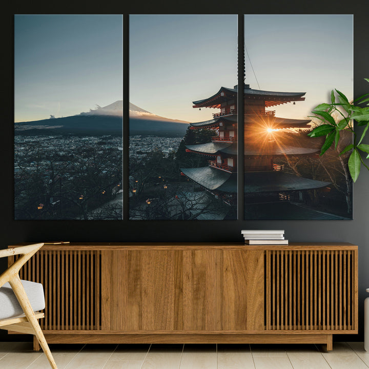 Chureito Pagoda at sunset with Mount Fuji in the background, city lights below, and golden sun rays, ideal for Japanese-inspired wall art.