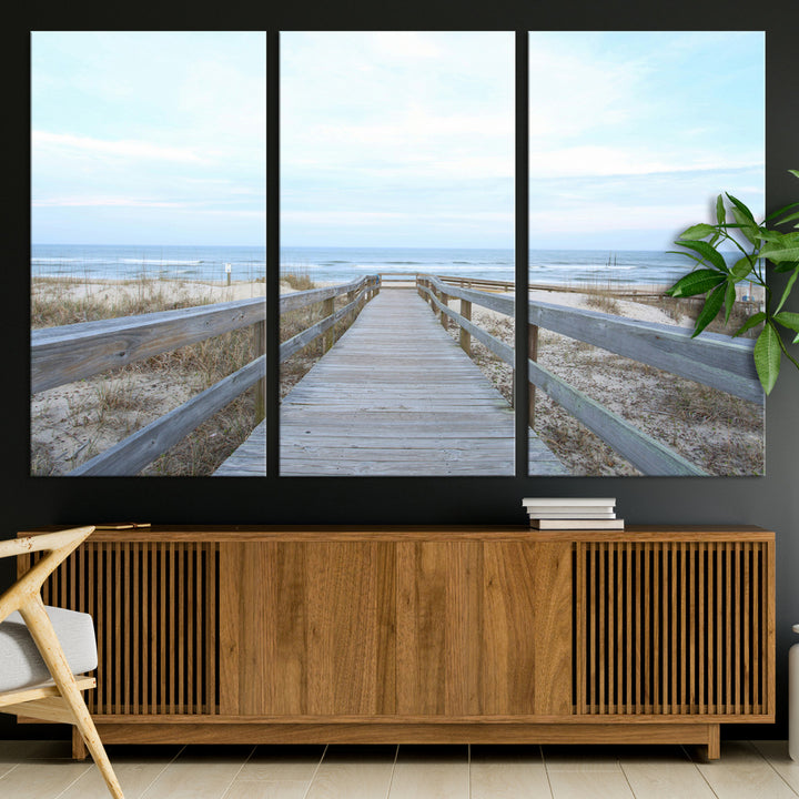 Beach Boardwalk Wall Art Canvas Print, Framed Coastal Serenity Art Picture Print, Ocean View Perfect Coastal Decor Artwork