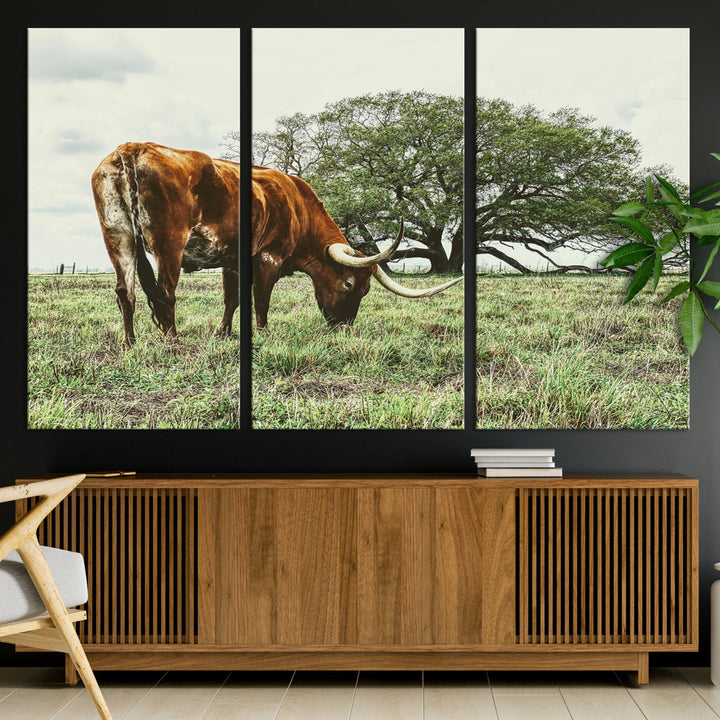 A Texas Longhorn grazing in a green pasture with a large tree in the background, evoking a rustic Western and farmhouse aesthetic.