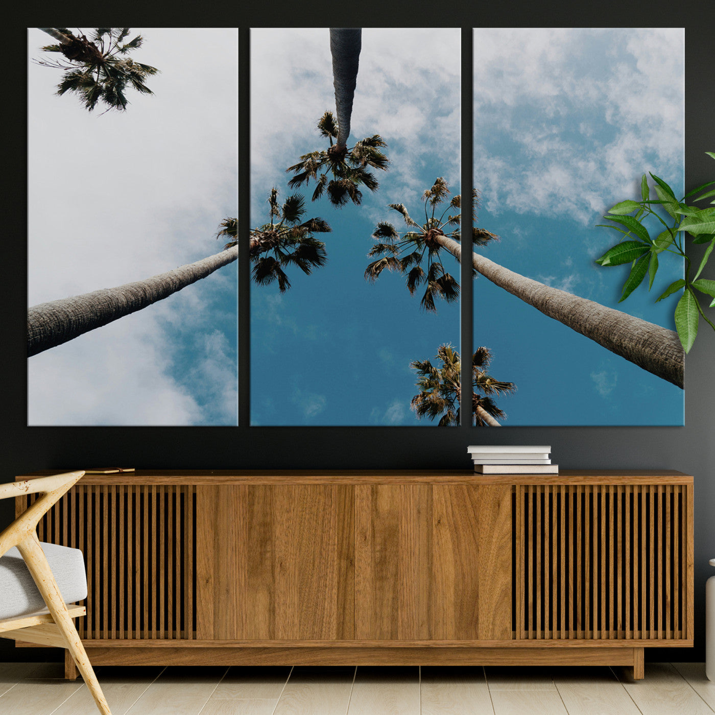 45236398-MGV-CV-36X24-Tropical Palm Trees Wall Art Canvas Print, Framed California Sky Art Picture Print, Minimalist Nature Perfect Coastal Minimalist Decor