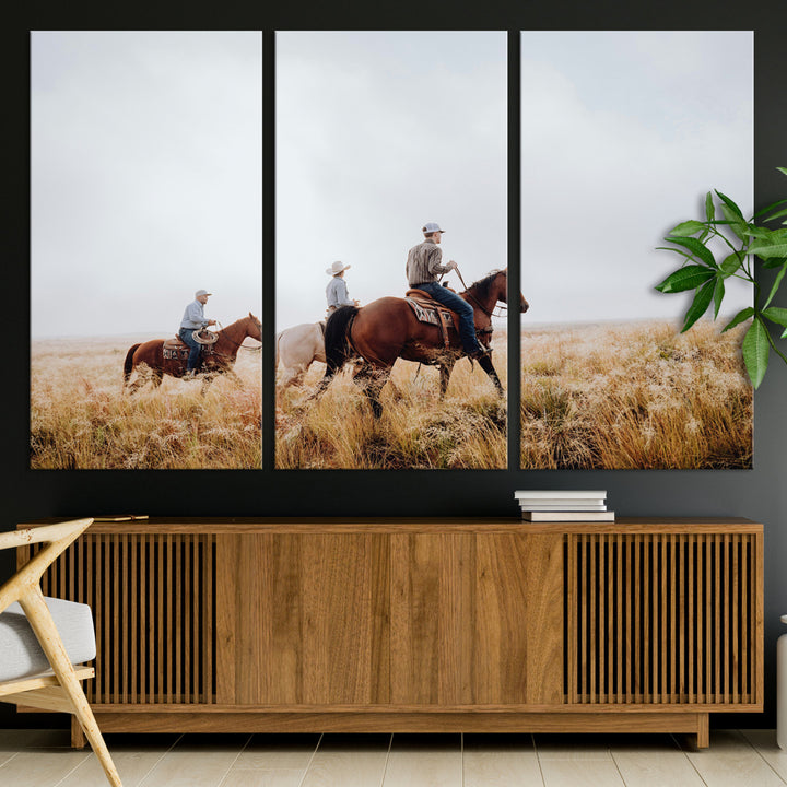 Three cowboys riding horses through a foggy prairie landscape, dressed in Western attire, evoking a rustic and adventurous Wild West aesthetic.