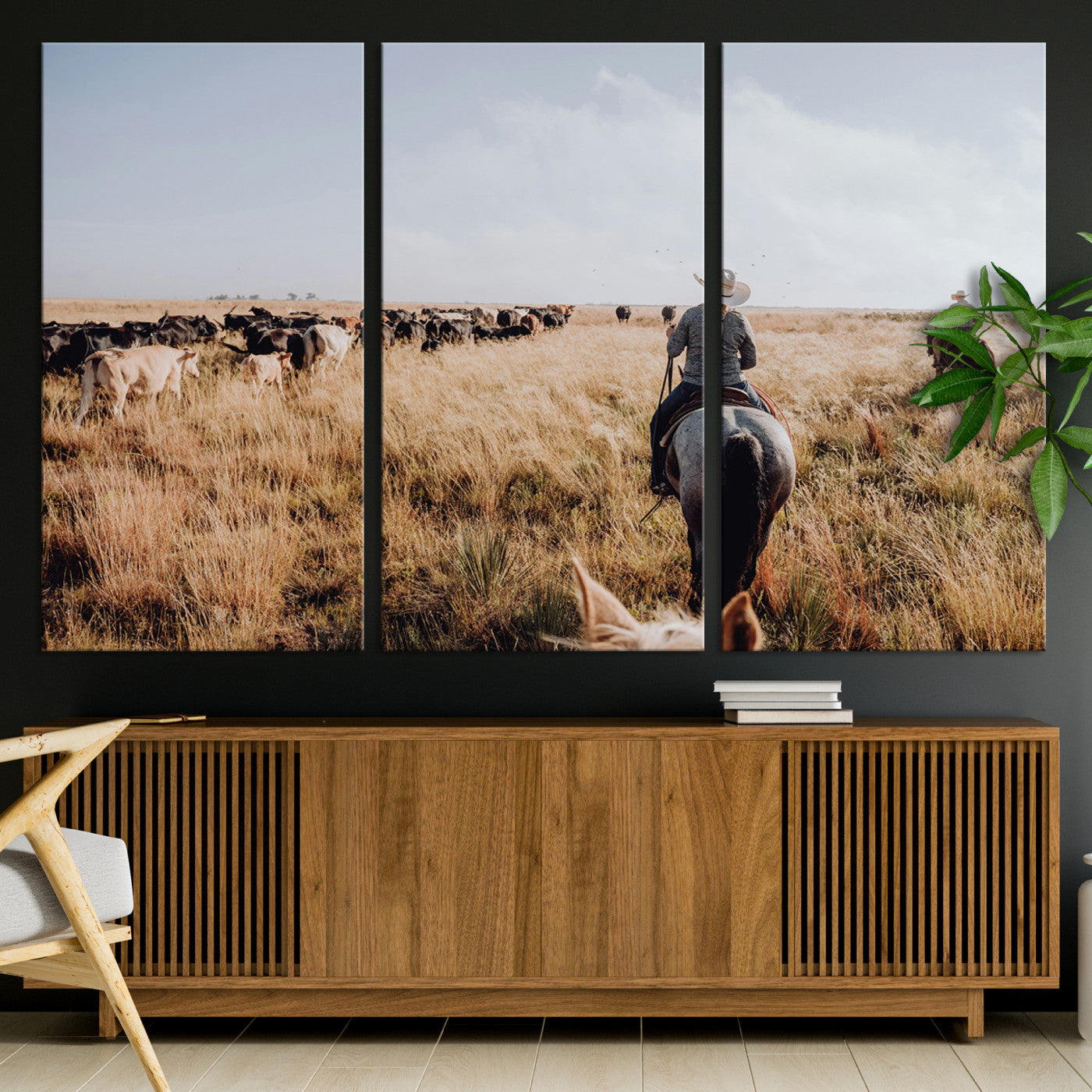22431577-MGV-CV-36X24-Western Wall Art Wall Art Canvas Print, Framed Cowboy Canvas Art Picture Print, Cattle Drive Scene Perfect Rustic Western Decor Artwork