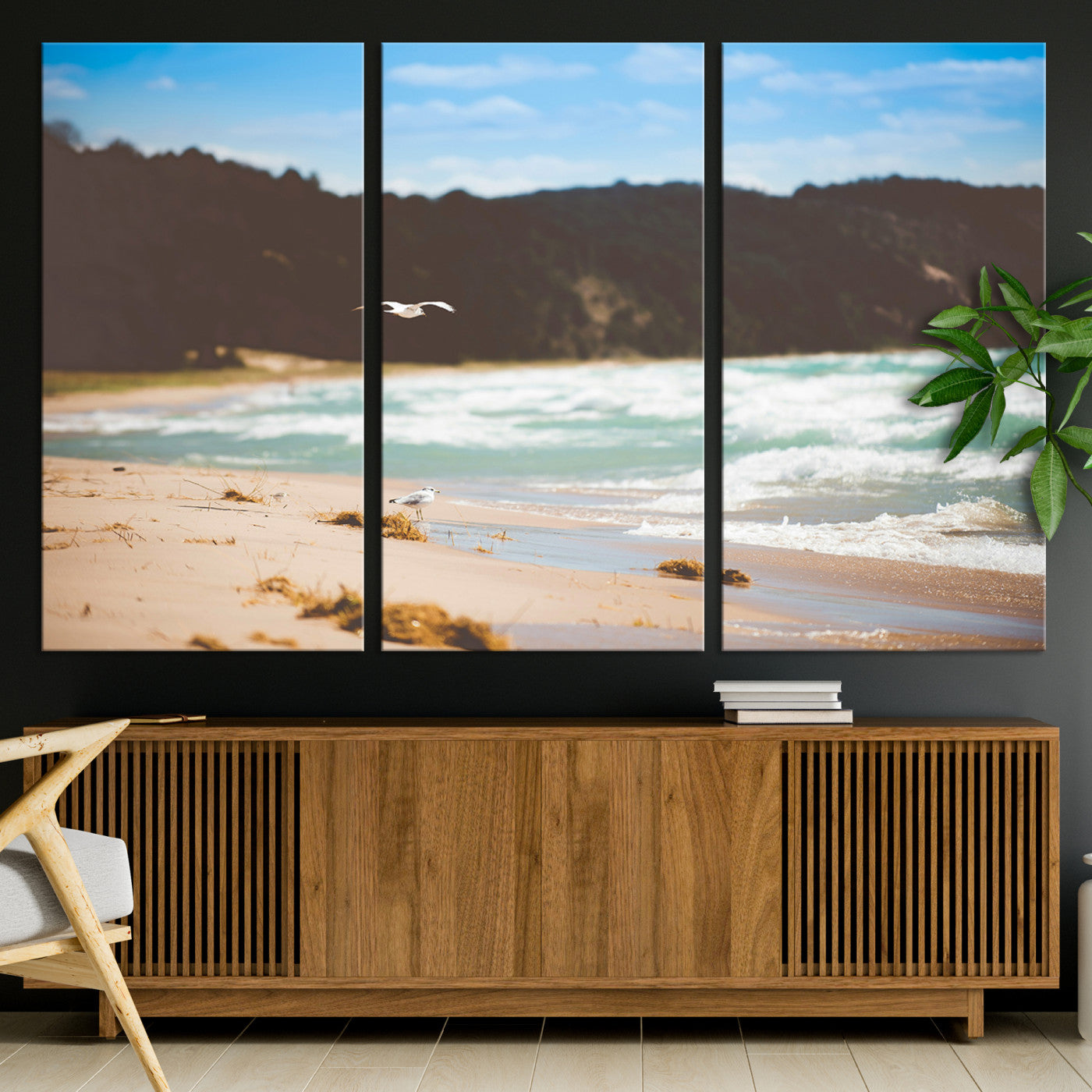 84260965-MGV-CV-36X24-Tranquil Beach Scene Wall Art Canvas Print, Framed Blue Ocean Waves Art Picture Print, Sandy Coastline Perfect Coastal Cottage Decor Artwork
