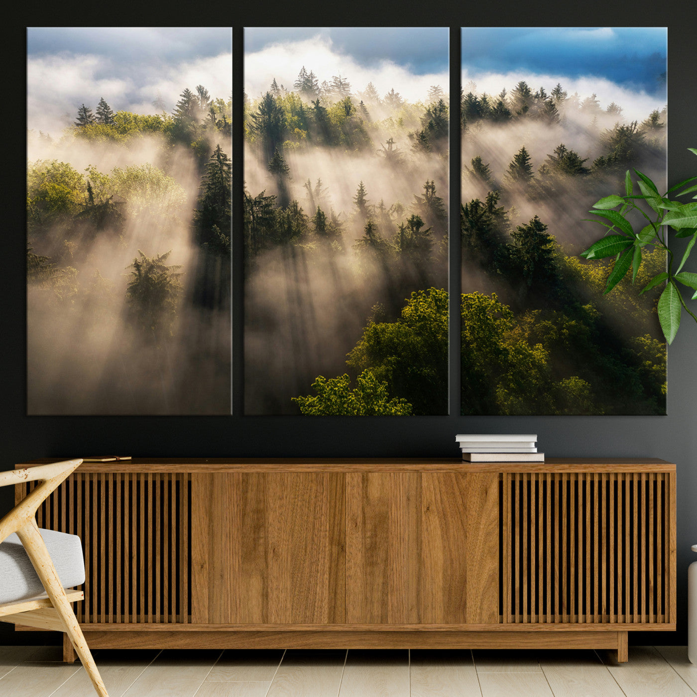 14785710-MGV-CV-36X24-Tranquil Forest Scene Wall Art Canvas Print, Framed Sunbeam Through Trees Art Picture Print, Moody Green Wall Art Perfect Scandinavian