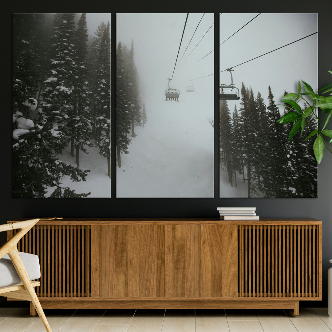 Ski Lift Wall Art Canvas Print, Framed Snowy Pines Art Picture Print, Misty Landscape Perfect Winter Serenity Decor Artwork
