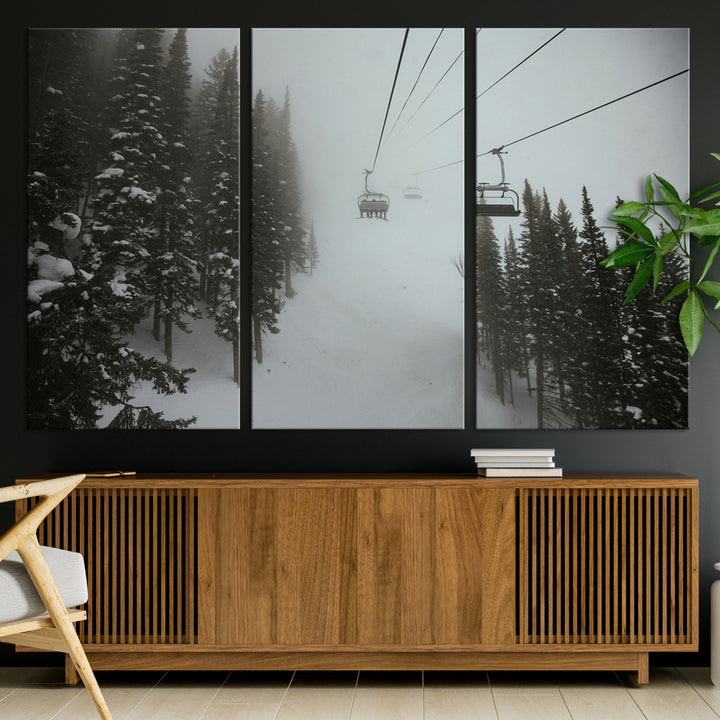 Ski Lift Wall Art Canvas Print, Framed Snowy Pines Art Picture Print, Misty Landscape Perfect Winter Serenity Decor Artwork