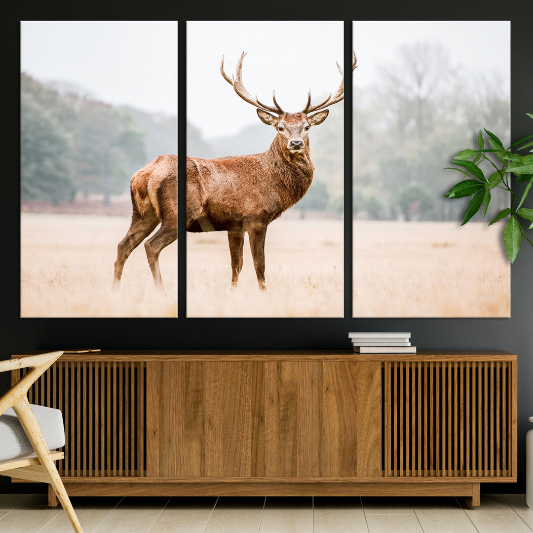 Vintage Wildlife Canvas Print, Framed Misty Landscape Art Picture Print, Deer Wall Art Perfect Rustic Wildlife Decor Artwork